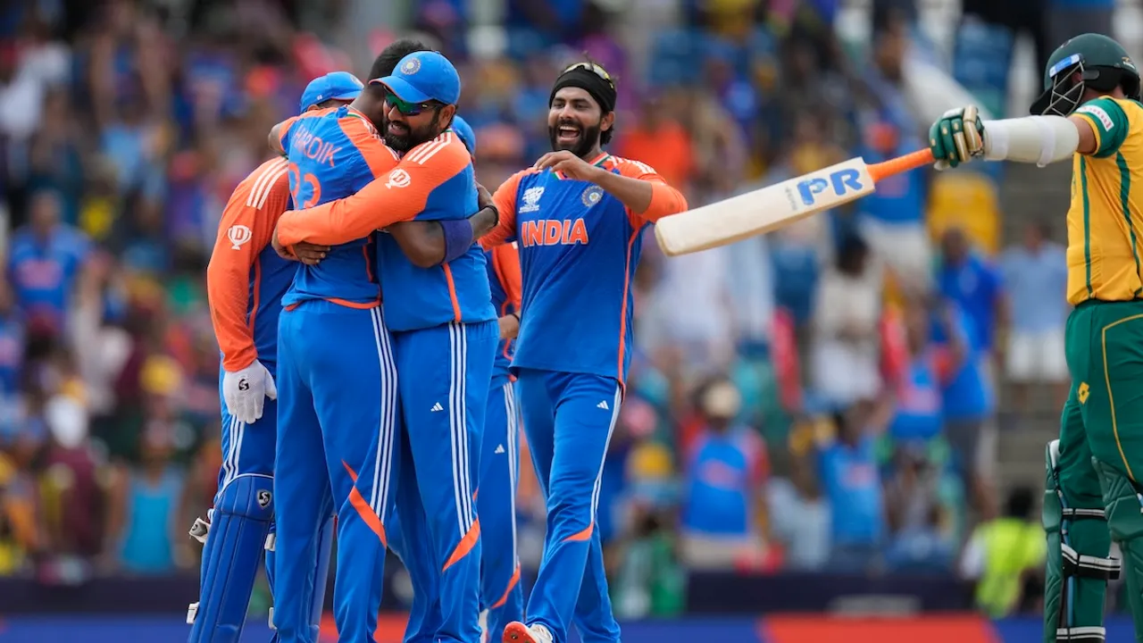 Hardik Pandya, second left, celebrates with teammates after the dismissal of South Africa's Kagiso Rabada during the ICC Men's T20 World Cup final cricket match between India and South Africa at Kensington Oval in Bridgetown, Barbados, Saturday, June 29, 2024.
