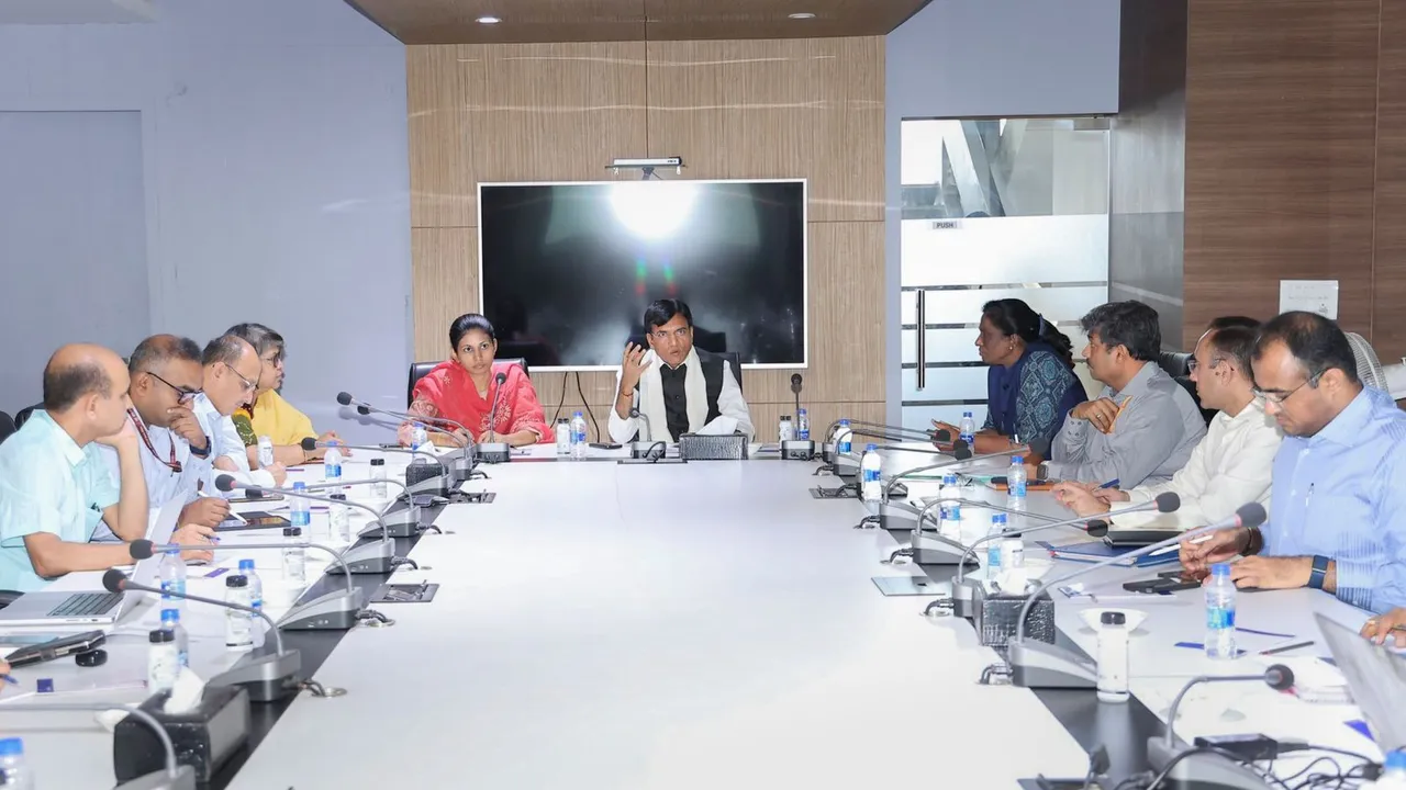 Union Minister of Sports and Youth Affairs Mansukh Mandaviya holds a meeting regarding preparations for the upcoming Paris Olympics, in New Delhi.