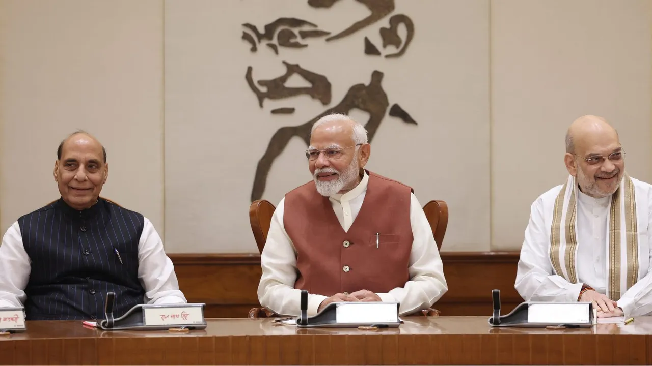 Prime Minister Narendra Modi with Union Ministers Rajnath Singh and Amit Shah, in New Delhi, Monday, June 10, 2024