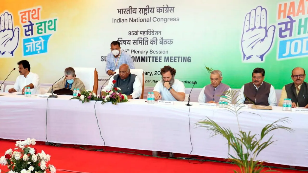 Congress President Mallikarjun Kharge with party leaders Sonia Gandhi, Rahul Gandhi, K.C. Venugopal, Pawan Bansal and others during the 85th Plenary Session in Raipur