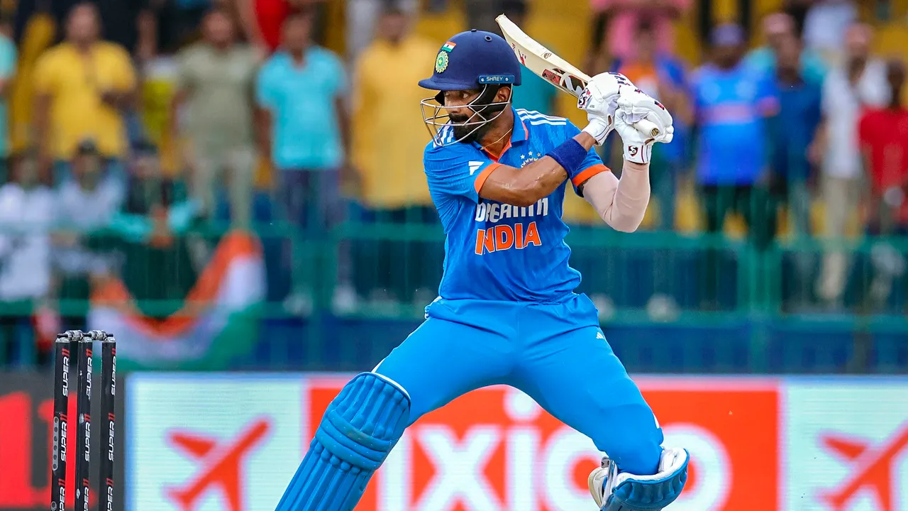 Indian batter KL Rahul plays a shot during the Asia Cup match between India and Pakistan, at the R. Premadasa International Cricket Stadium in Colombo