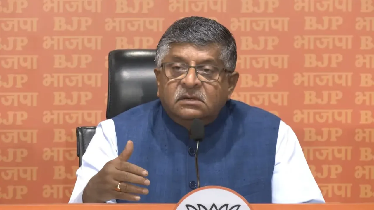 BJP leader and former Union minister Ravi Shankar Prasad addresses a press conference at party's headquarters, in New Delhi