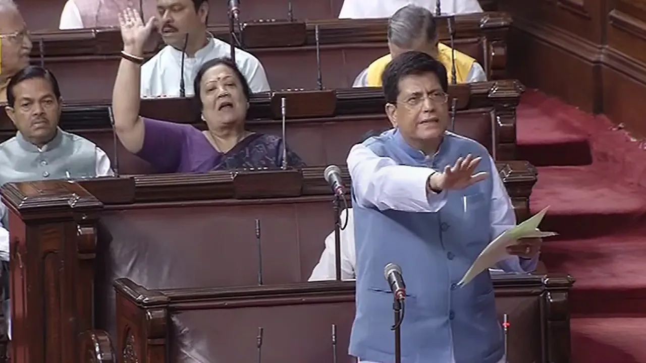 Union Minister Piyush Goyal speaks in the Rajya Sabha during the Monsoon session of Parliament, in New Delhi