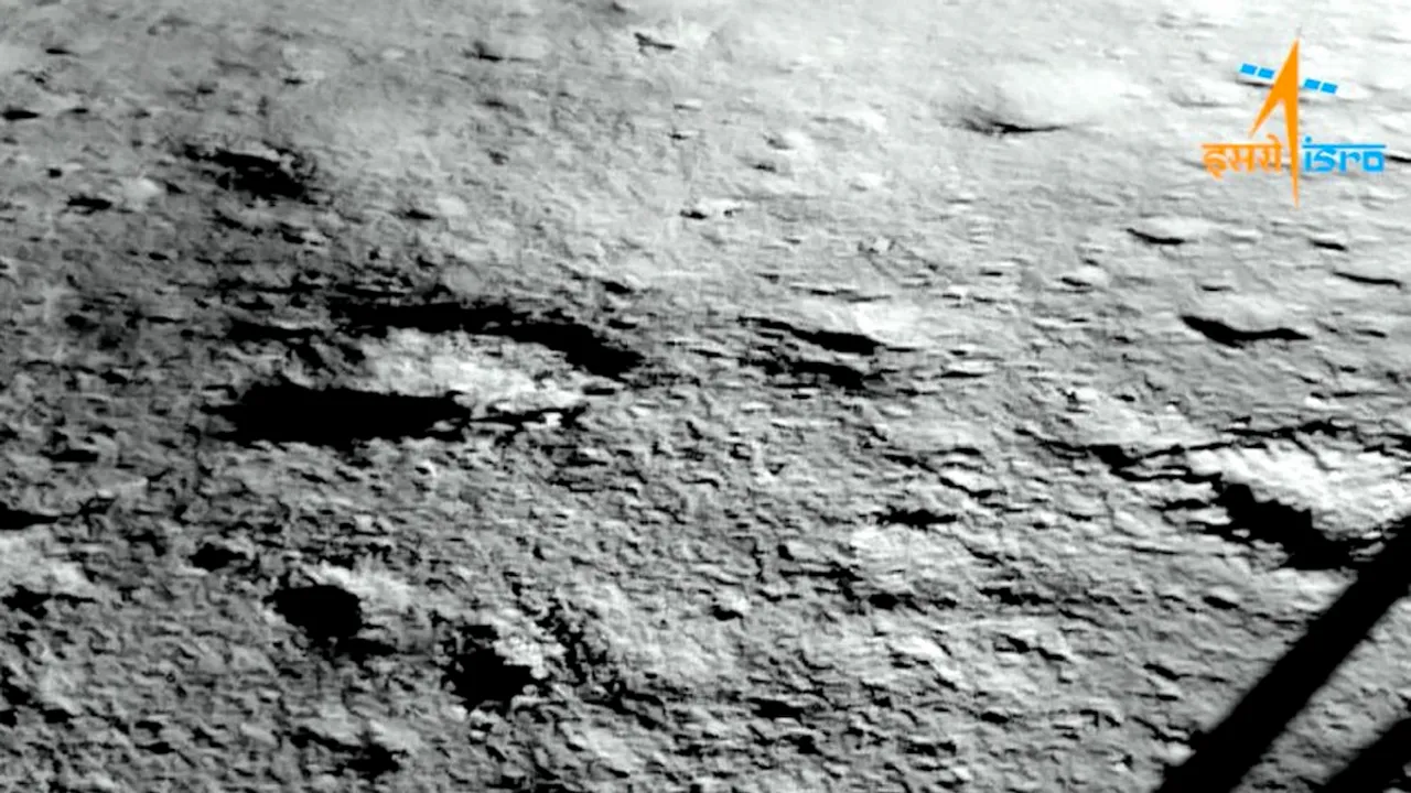 Lander Imager Camera of ISRO’s Chandrayaan-3 captures a portion of its landing site on the surface of the Moon after its successful descent, in Bengaluru, Wednesday, Aug. 23, 2023.