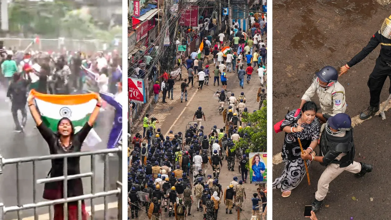 Police use water cannons and lathicharge to disperse students protesting against the alleged rape and murder of a trainee doctor, in Kolkata, Tuesday, Aug. 27, 2024.