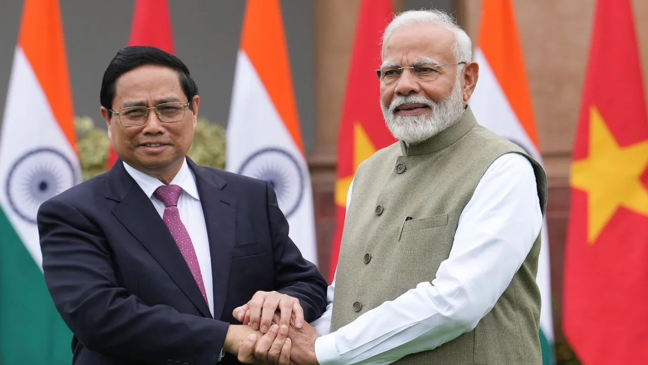 Prime Minister Narendra Modi with his Vietnamese counterpart Pham Minh Chinh before a meeting, at the Hyderabad House, in New Delhi, Thursday, August 1, 2024.