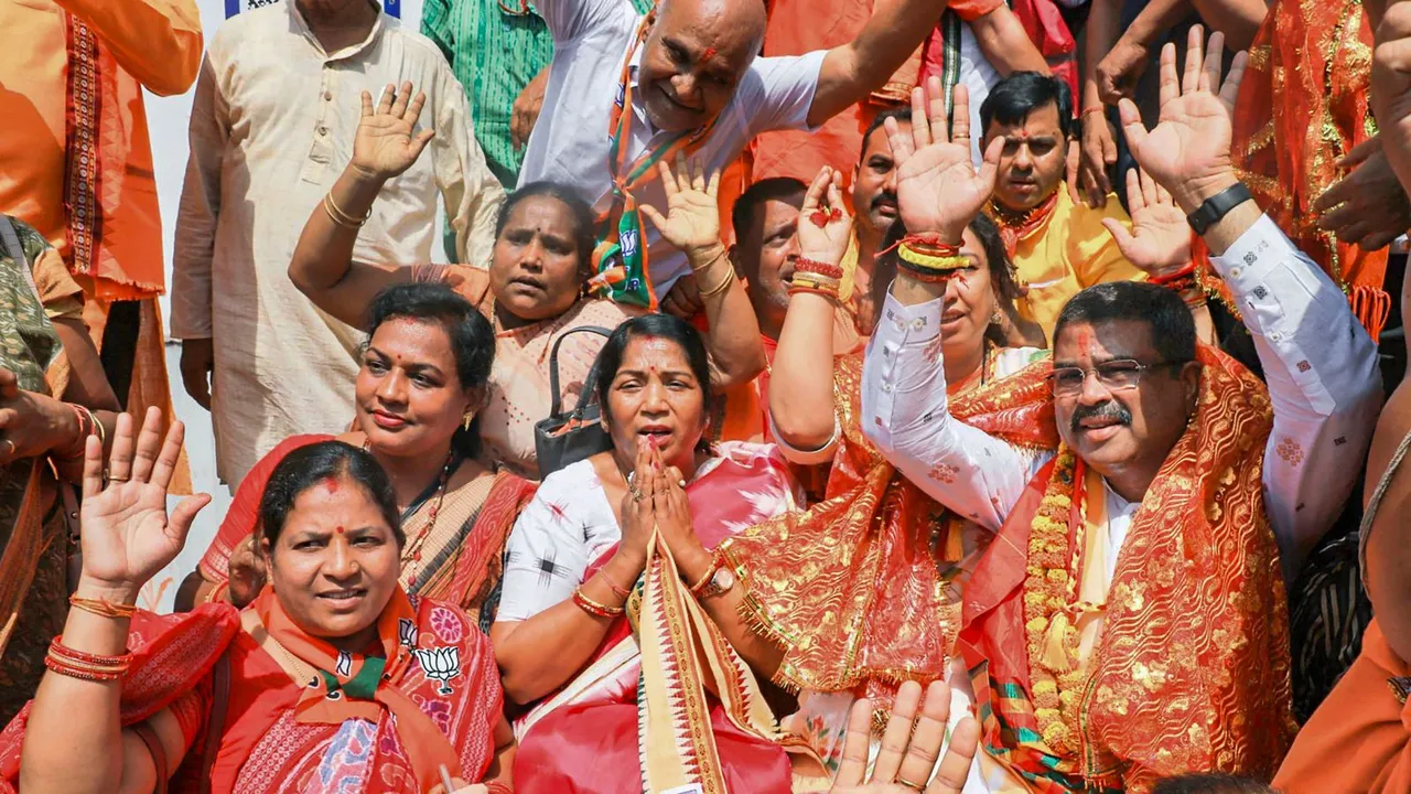 Union Minister and BJP candidate from Sambalpur constituency Dharmendra Pradhan with others before filing nomination for the Lok Sabha elections, in Sambalpur district