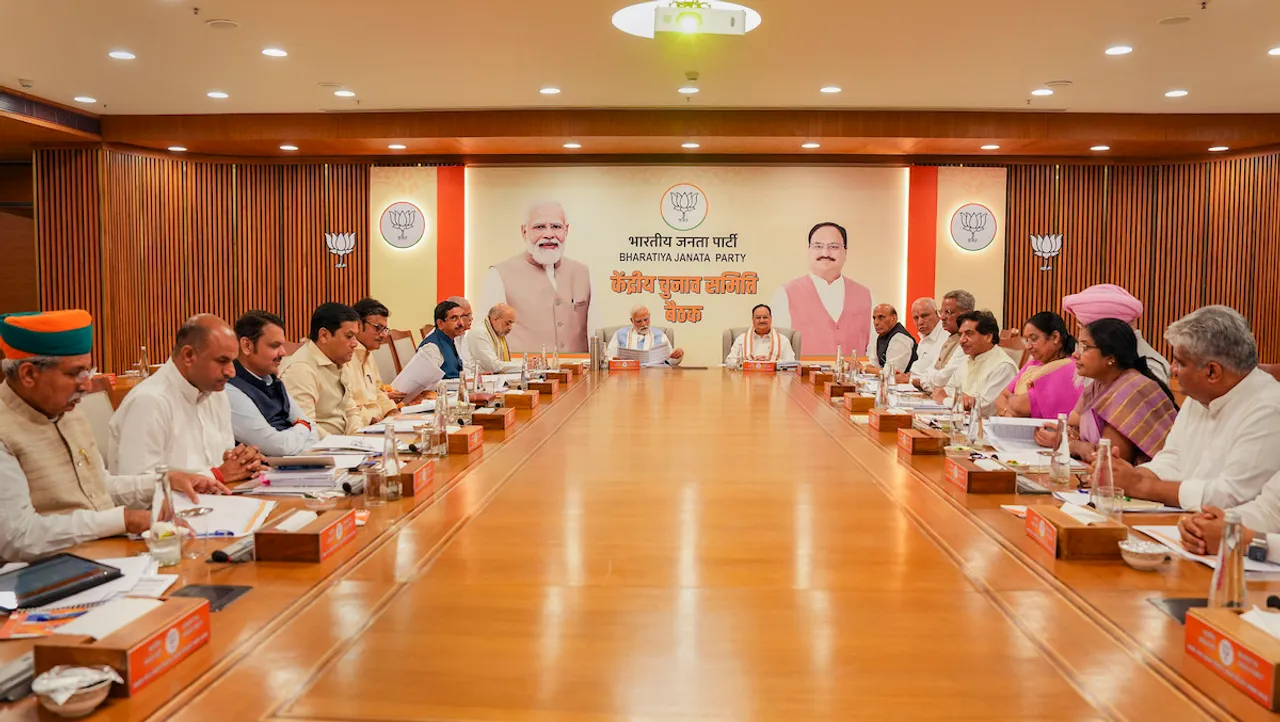 Narendra Modi with BJP National President J.P. Nadda, Union Home Minister Amit Shah, Defence Minister Rajnath Singh, senior BJP leader B.S. Yediyurappa and others during the BJP's Central Election Committee meeting at BJP headquarters, in New Delhi, Sunday, Oct. 1,