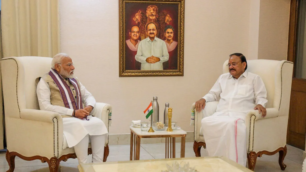 Prime Minister Narendra Modi with former vice president M Venkaiah Naidu during a meeting, in New Delhi.