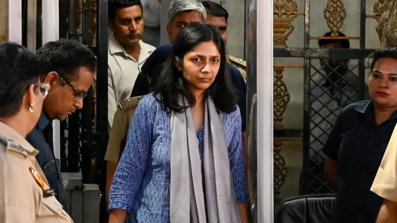 Aam Aadmi Party (AAP) Rajya Sabha MP Swati Maliwal outside Delhi Chief Minister (CM) Arvind Kejriwal's residence at Civil Lines, in New Delhi, Friday, May 17, 2024.