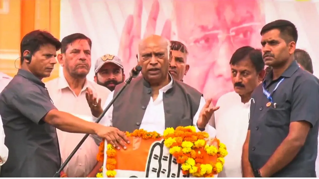 Congress President Mallikarjun Kharge addresses a public meeting amid ongoing Jammu and Kashmir Assembly polls, in Jasrota.