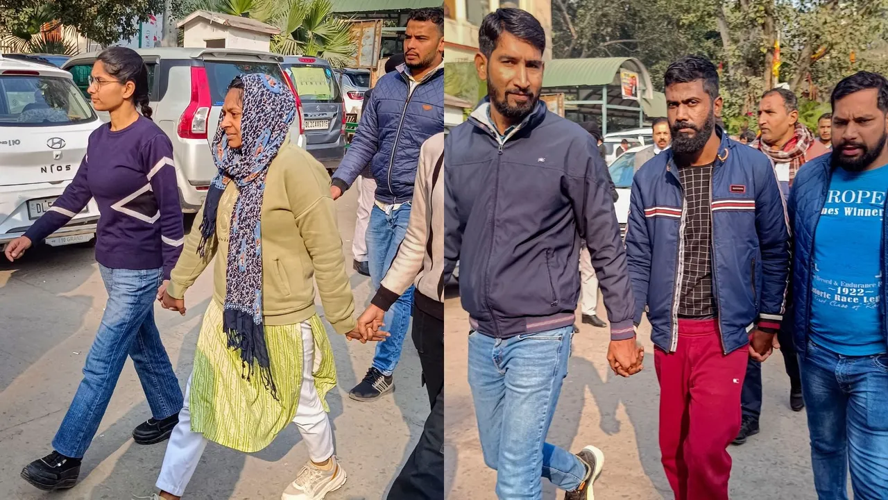 Accused Neelam Azad and Manoranjan D arrested in the Dec. 13, 2023 Parliament security breach case, being produced at the Patiala House court