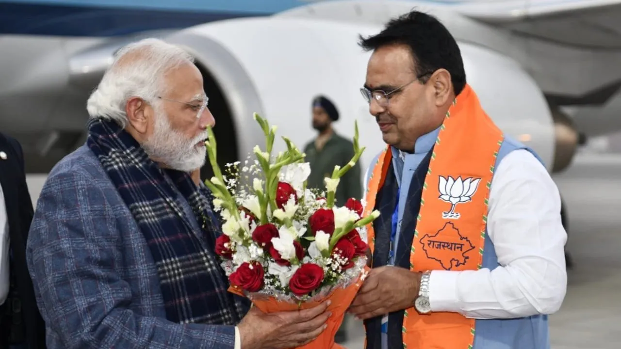 PM Modi received at the Jaipur airport by Rajasthan chief minister Bhajan Lal Sharma