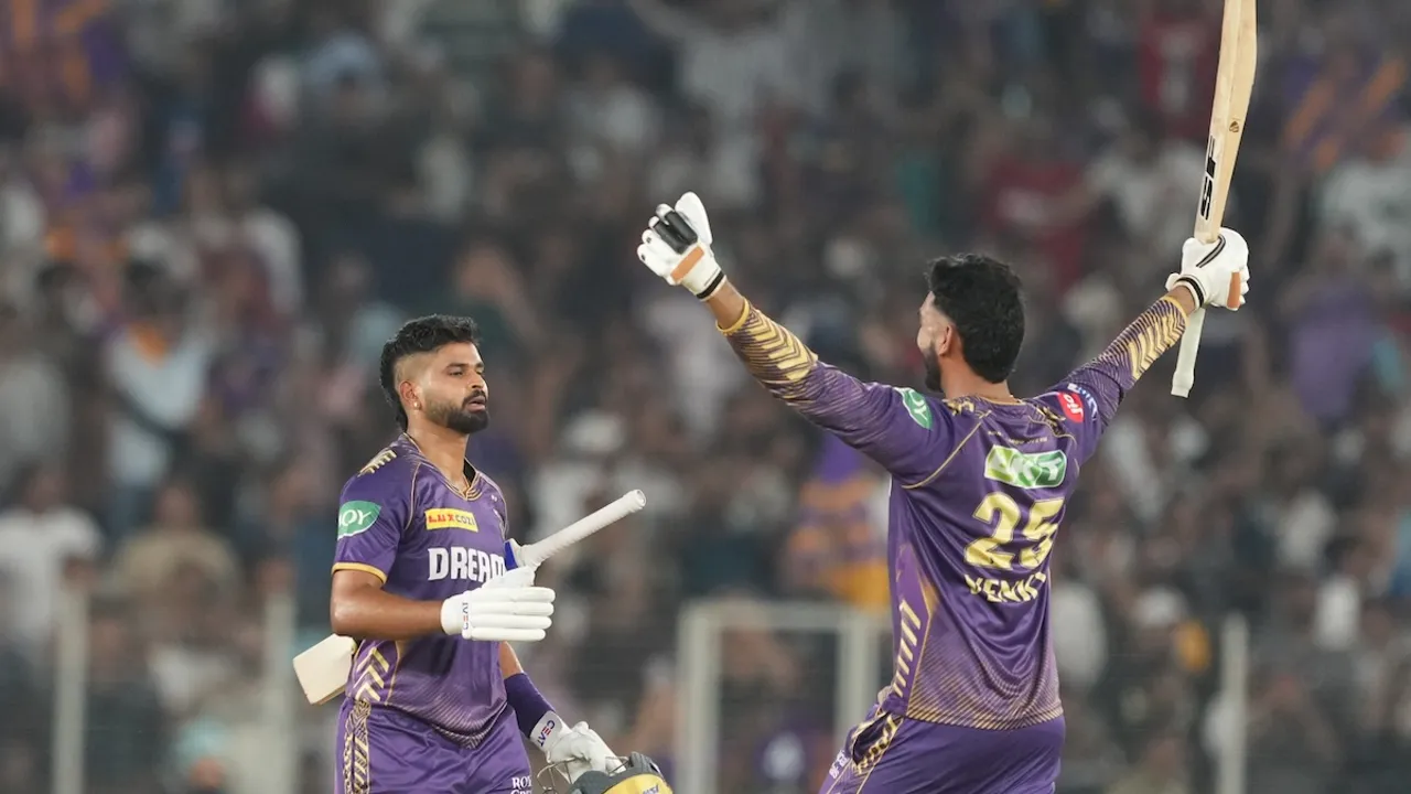 Kolkata Knight Riders captain Shreyas Iyer and Venkatesh Iyer celebrate their victory against Sunrisers Hyderabad at the Narendra Modi Stadium, in Ahmedabad, Tuesday, May 21, 2024.