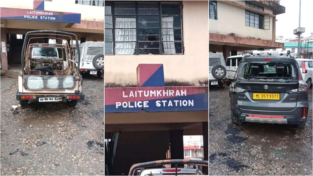 Vehicles damaged after being set on fire by unidentified miscreants, at Laitumkhrah police station in Shillong
