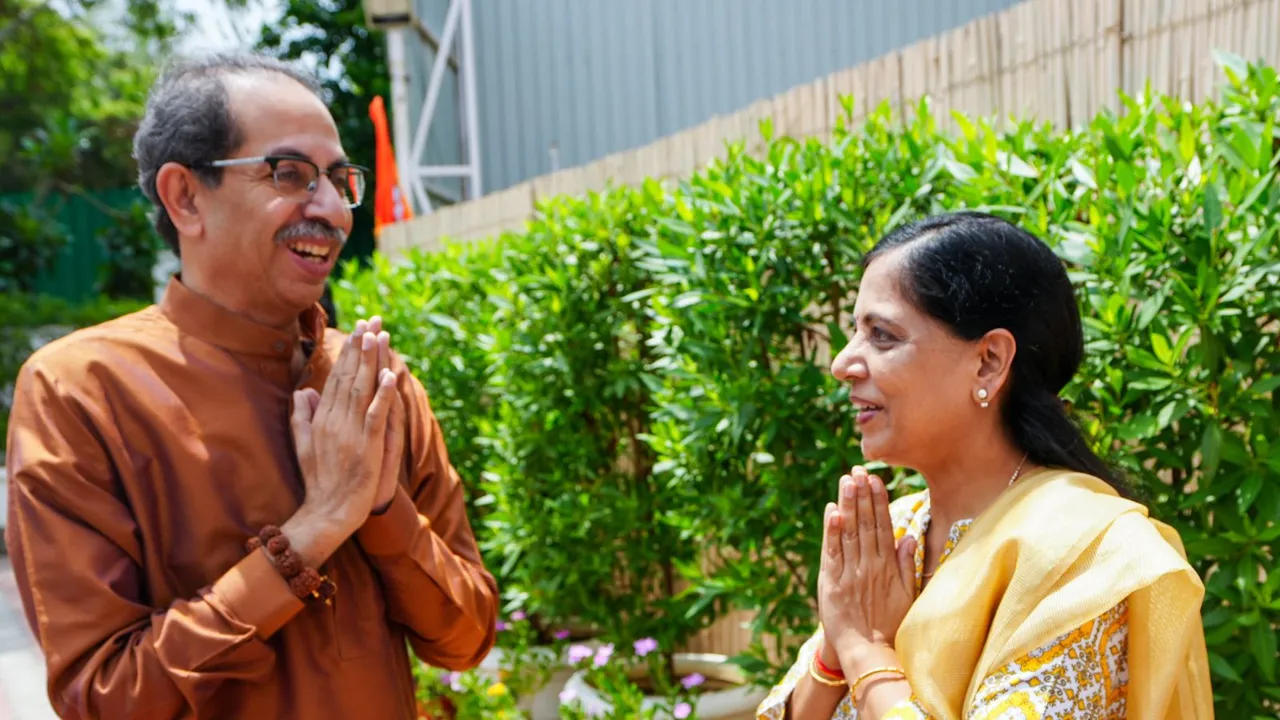 Shiv Sena (UBT) chief Uddhav Thackeray meets Delhi Chief Minister and AAP national convenor Arvind Kejriwal's wife Sunita Kejriwal, in New Delhi, Thursday, Aug. 8, 2024.