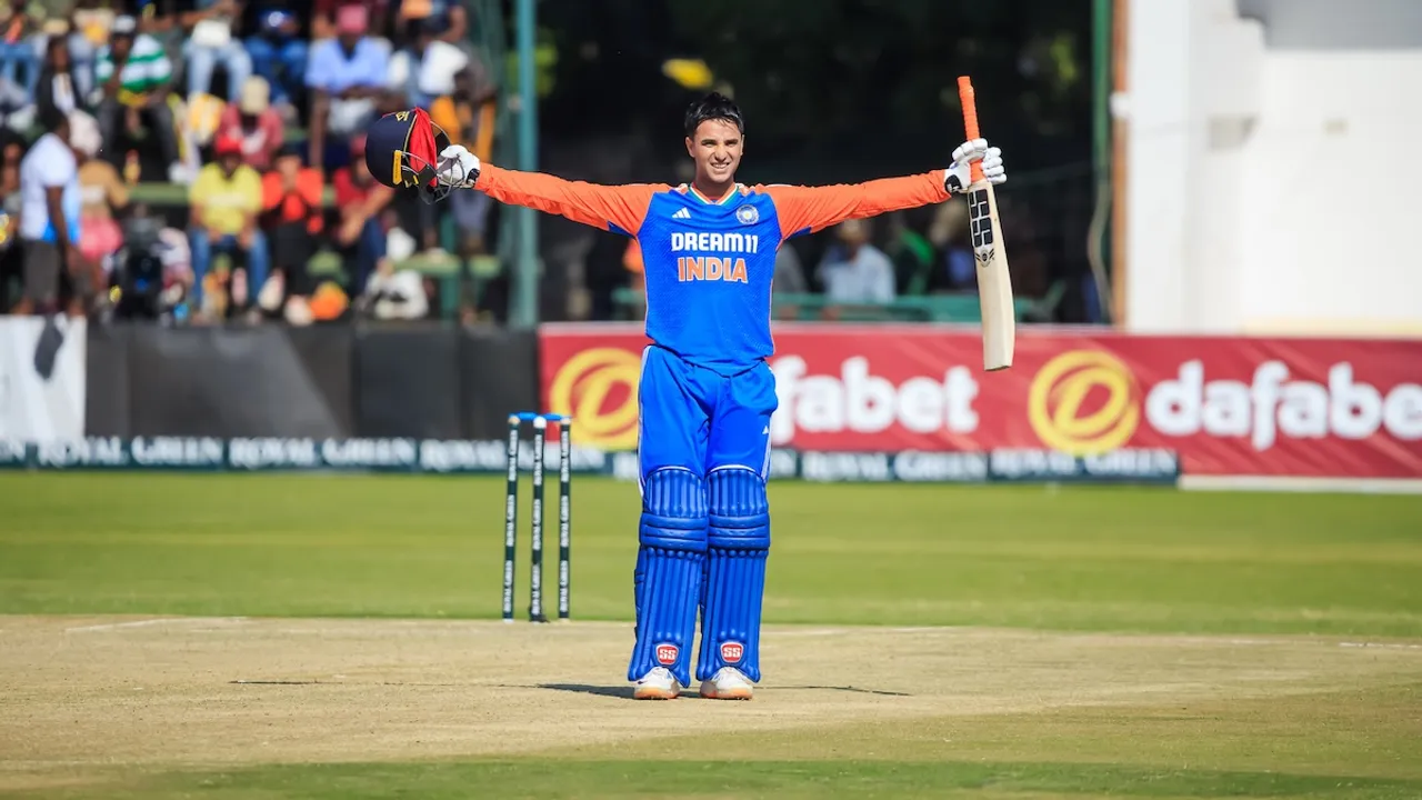 Abhishek Sharma celebrates after hitting century against Zimbabwe in a T20 cricket match on Sunday, July 7, 2024