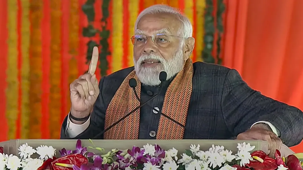 Prime Minister Narendra Modi speaks during the 'Viksit Bharat, Viksit Jammu & Kashmir' programme, in Srinagar, Thursday