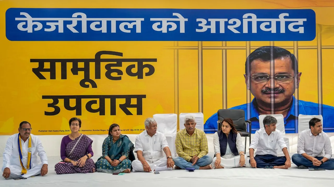 Aam Aadmi Party (AAP) leaders during a day-long mass fast to protest against the arrest of Delhi Chief Minister and the party's national convener Arvind Kejriwal, in New Delhi, Sunday, April 7, 2024