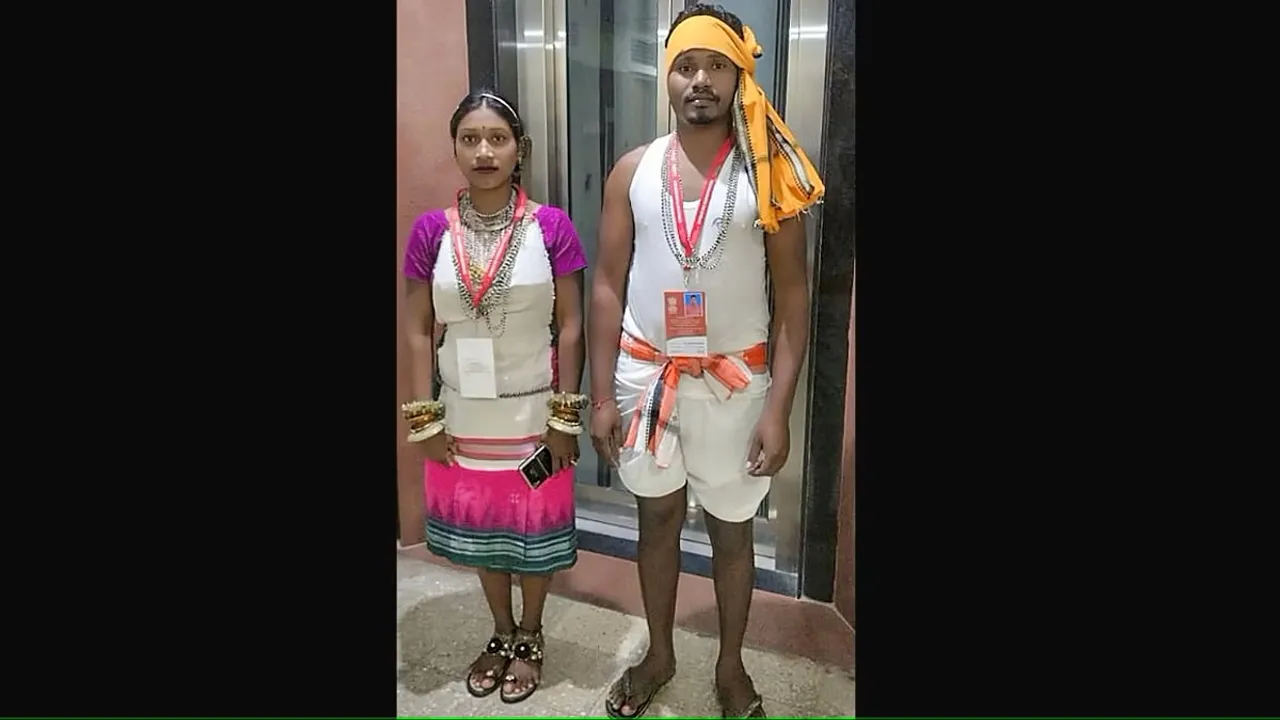 Birendra Maji and Hiramani Jani from Kotia Kondh tribe from Odisha arrive in the national capital to attend the Republic Day 2024 function as special guests, in New Delhi