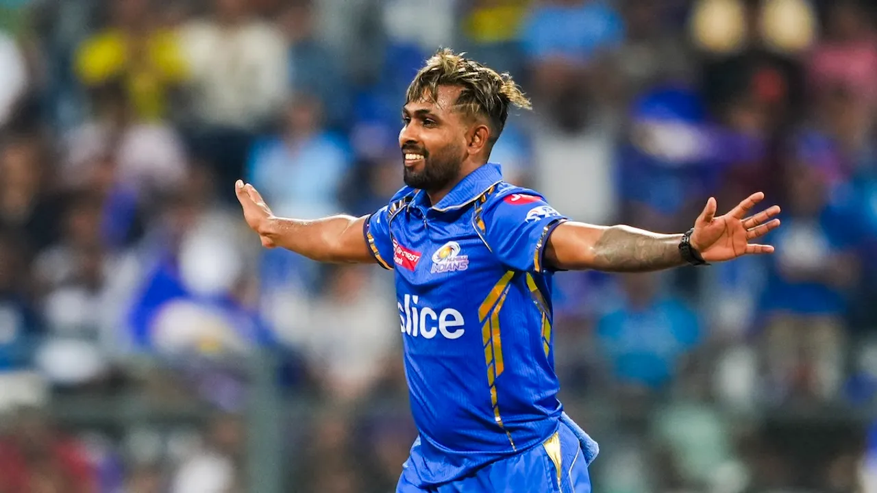 Mumbai Indians bowler Nuwan Thushara celebrates the wicket of Lucknow Super Giants' batter Devdutt Padikkal during the IPL 2024 cricket match between Lucknow Super Giants and Mumbai Indians, at Wankhede Stadium in Mumbai, Friday, May 17, 2024.