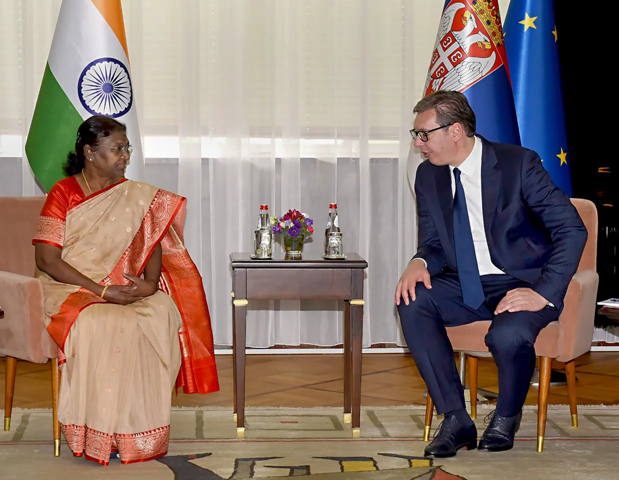 President Droupadi Murmu in a meeting with President of Serbia Aleksandar Vucic, in Belgrade