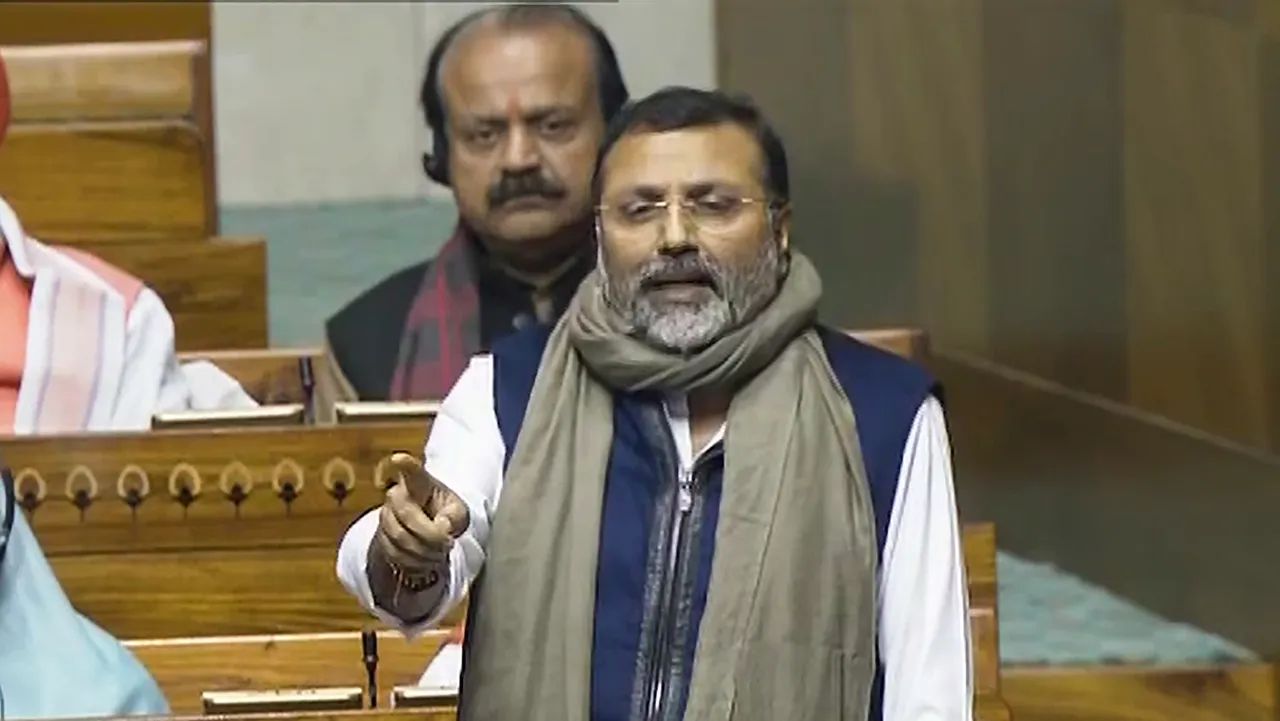 BJP MP Nishikant Dubey speaks in the Lok Sabha during the Budget session of Parliament, in New Delhi