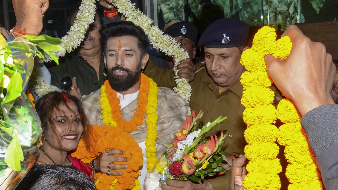Lok Janshakti Party (Ram Vilas) Chief Chirag Paswan being garlanded upon his arrival at the Birsa Munda Airport, in Ranchi