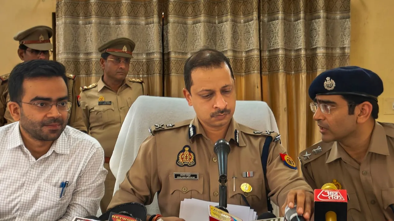 IG Aligarh Range Shalabh Mathura (M) along with DM Hathras Ashish Kumar (L) and Hathras SP Nipun Aggarwal (R) addresses a press conference regarding probe into the Hathras Stampede that claimed 121 lives on Tuesday, in Hathras district, Thursday, July 4, 2024.