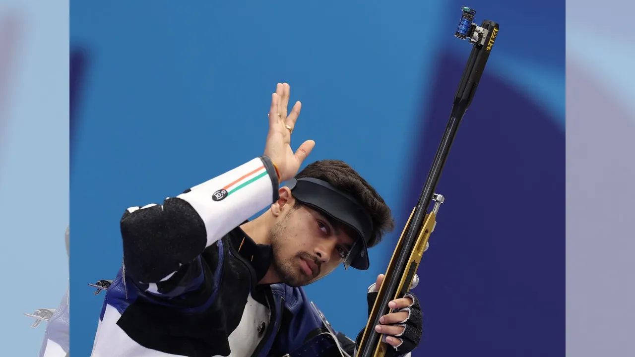 Swapnil Kusale of India reacts during the 50m Rifle 3 Positions Men event of the Shooting competitions in the Paris 2024 Olympic Games at the Shooting centre in Chateauroux, France, 01 August 2024.