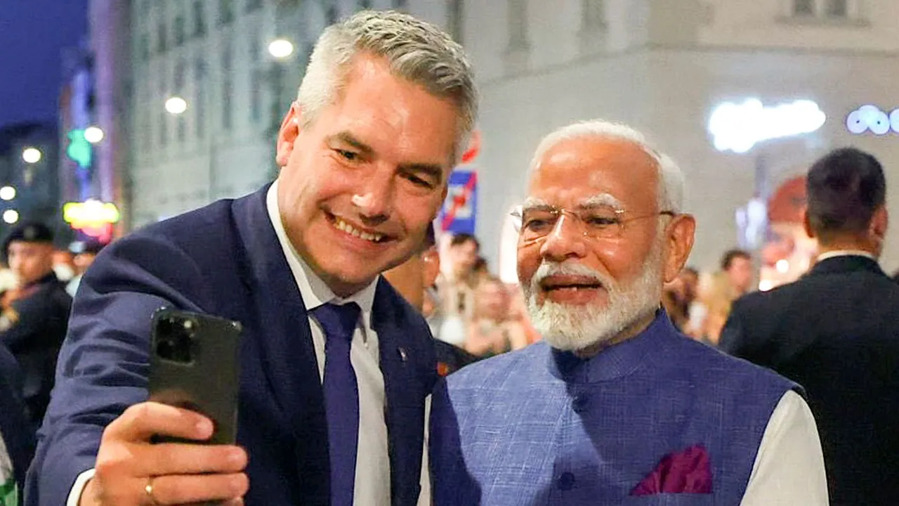 Prime Minister Narendra Modi with Austrian Chancellor Karl Nehammer upon the former's arrival in Vienna.