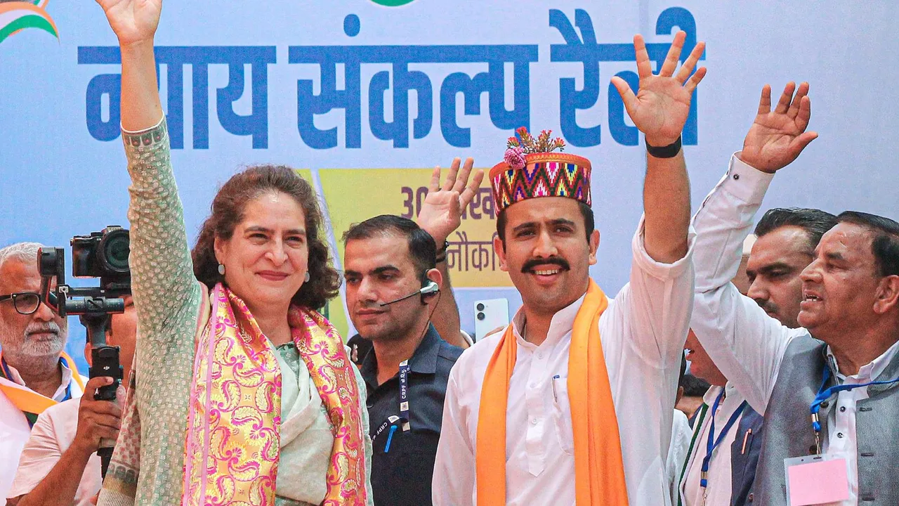 Congress leader Priyanka Gandhi Vadra during a public meeting in support of party candidate Vikramaditya Singh for Lok Sabha elections, in Kullu, Himachal Pradesh, Wednesday, May 29, 2024