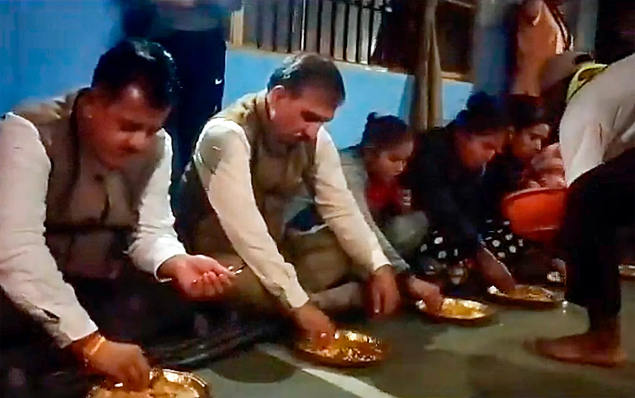 Himachal Pradesh Chief Minister Sukhvinder Singh Sukhu dines at a flood-relief camp, in Kullu