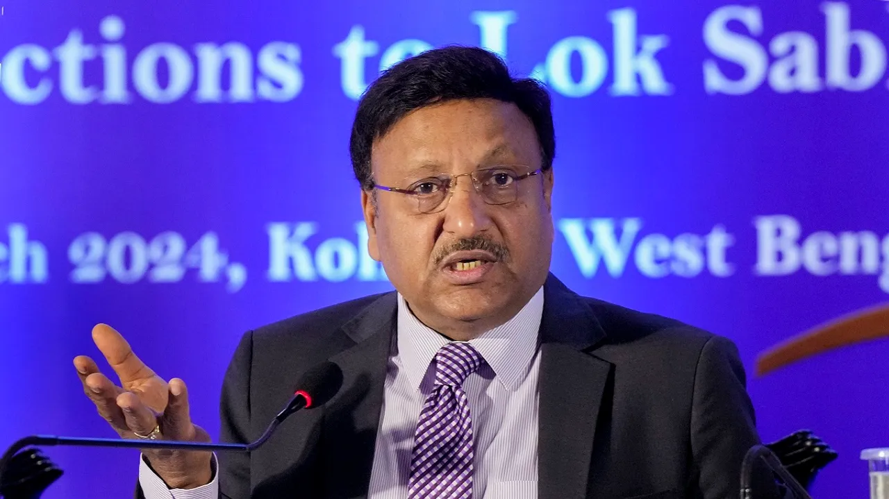 Chief Election Commissioner Rajiv Kumar addresses a press conference on poll preparedness for the upcoming Lok Sabha election, in Kolkata, Tuesday, March 5, 2024