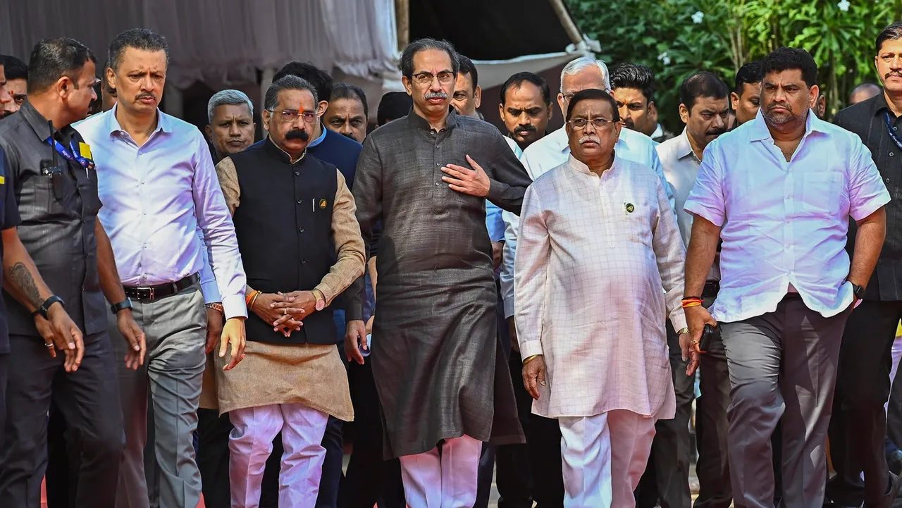 Shiv Sena (UBT) chief Uddhav Thackeray with party MLAs arrives to attend the Winter session of Maharashtra Assembly