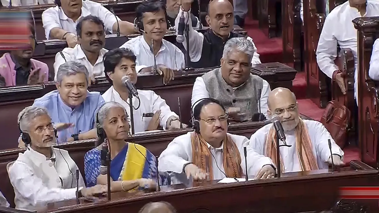 Union Home Minister Amit Shah, JP Nadda, Nirmala Sitharaman, S Jaishankar and other members during voting on the National Capital Territory of Delhi (Amendment) Bill, 2023 in the Rajya Sabha during the Monsoon session of Parliament, in New Delhi, Monday, Aug. 7
