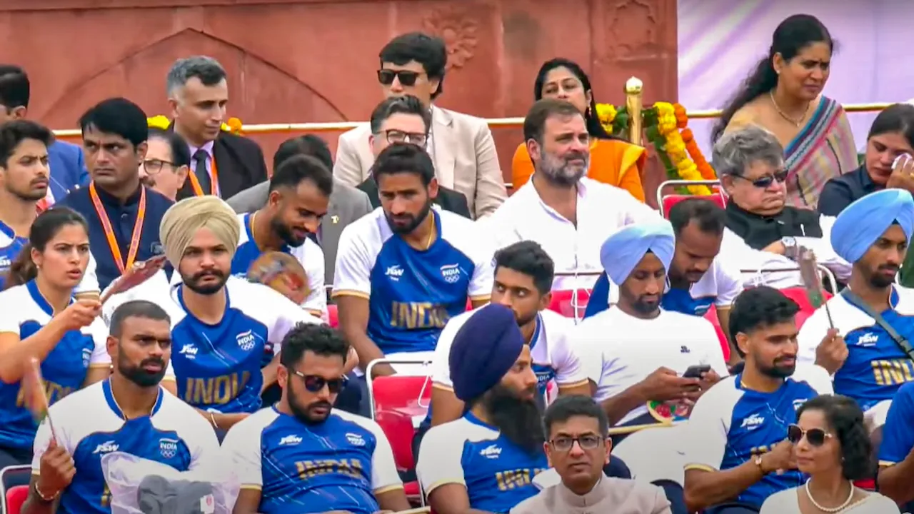 Leader of Opposition in Lok Sabha Rahul Gandhi with the Paris Olympics 2024 medal winning contingent and others during the 78th Independence Day celebration at the Red Fort, in New Delhi, Thursday, Aug. 15, 2024.