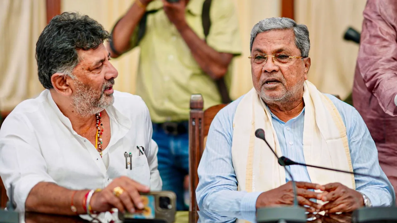 Karnataka Chief Minister Siddaramaiah and Deputy Chief Minister D K Shivakumar during the Congress Legislative Party meeting at Vidhana Soudha, in Bengaluru, Thursday, Aug. 22, 2024.