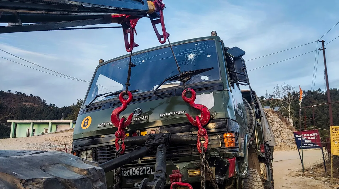 A damaged Army vehicle after an attack by terrorists on Thursday, in Poonch district