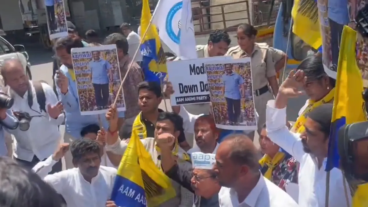 AAP workers staged protest at the BJP headquarters in Hyderabad against the arrest of Delhi CM Arvind Kejriwal in Delhi Liquor Scam