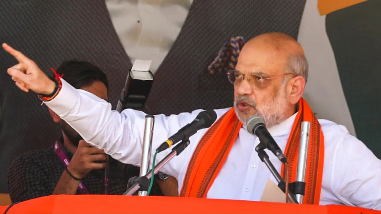 Union Home Minister Amit Shah speaks during a public meeting ahead of J&K Assembly elections, in Kishtwar district, Jammu & Kashmir, Monday, Sept. 16, 2024.