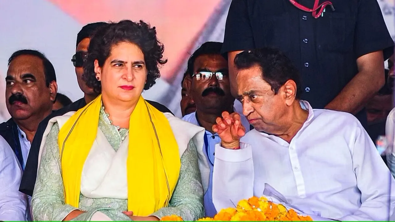 Congress general secretary Priyanka Gandhi with Madhya Pradesh Congress president Kamal Nath during the party's Jan Aakrosh Yatra, in Mandla district