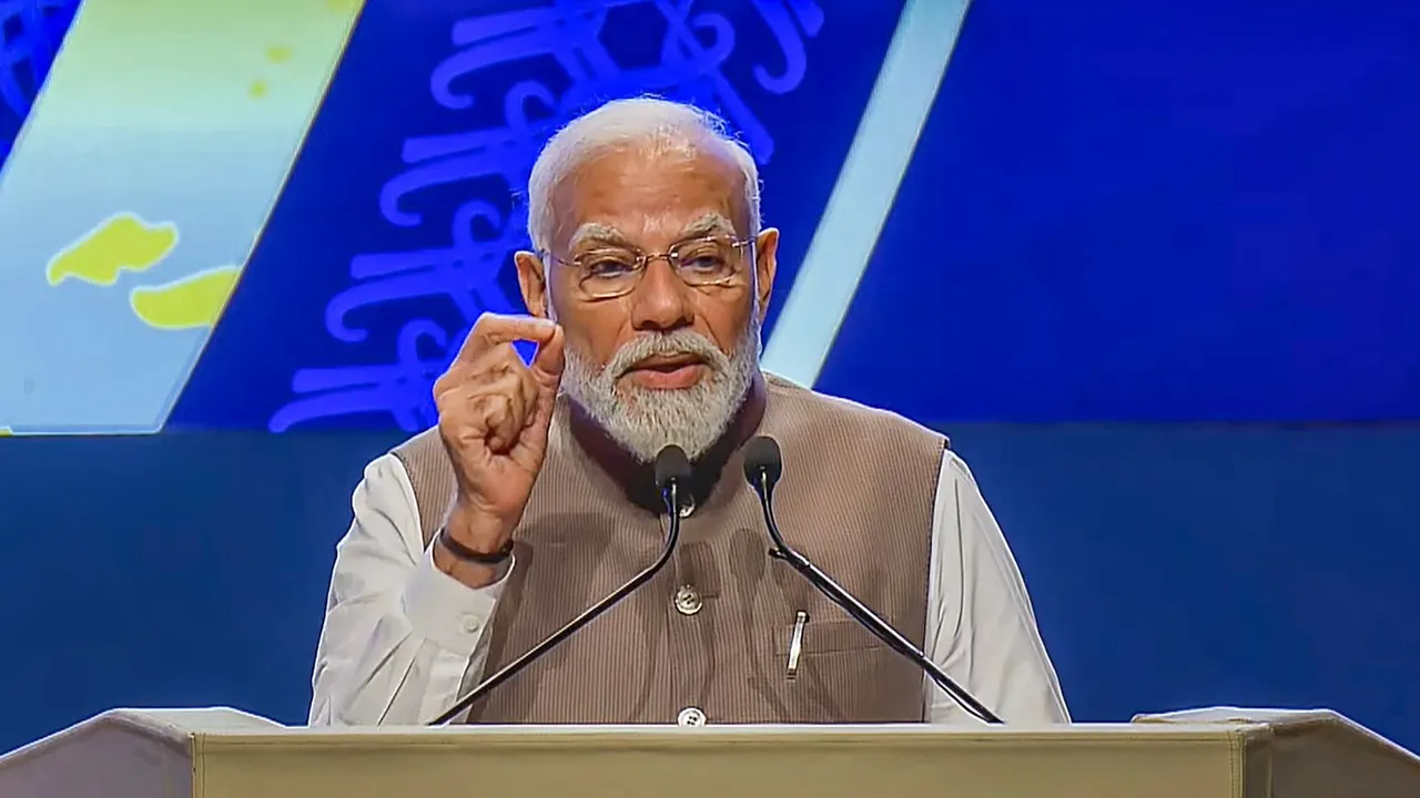 Prime Minister Narendra Modi addressing a ceremony marking 90 years of the Reserve Bank of India, in Mumbai, Monday, April 1, 2024