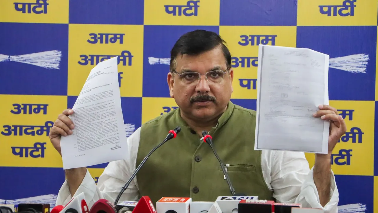 Senior AAP leader Sanjay Singh addresses a press conference, in New Delhi, Wednesday, Oct. 9, 2024.