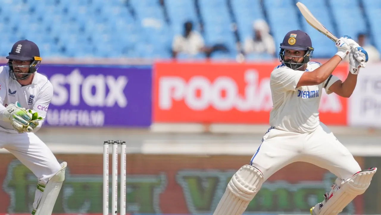 Rajkot: India's Rohit Sharma plays a shot during the 3rd day of the 3rd cricket test match between India and England, at Niranjan Shah Stadium, in Rajkot, Saturday, Feb. 17, 2024.
