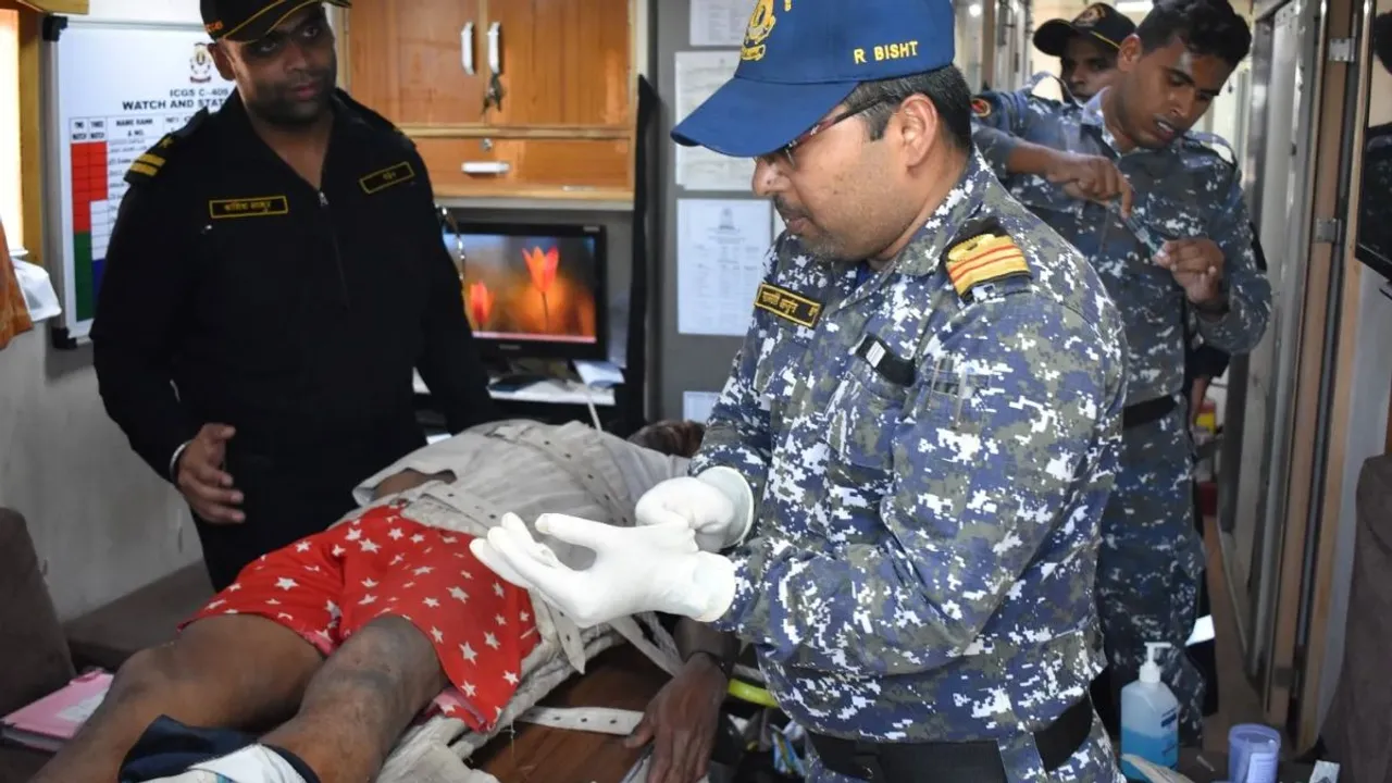 The Coast Guard’s Guard Ship C-409 evacuates a 37-year-old fisherman 50 Km from the coast in Gulf of Khambat in Arabian Sea on Wednesday 