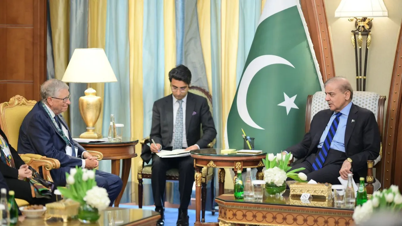 Pakistan's Prime Minister Shehbaz Sharif with Bill Gates, the founder and co-chair of the Bill and Melinda Gates Foundation