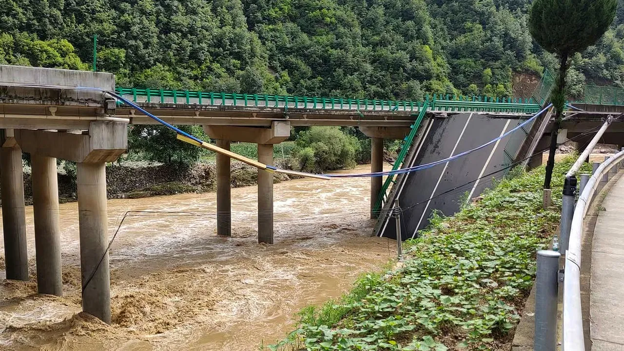 A view of the bridge that was damaged due to heavy storms and flooding, in Zhashui County in Shangluo City, northwest China’s Shaanxi Province, onJuly 20, 2024