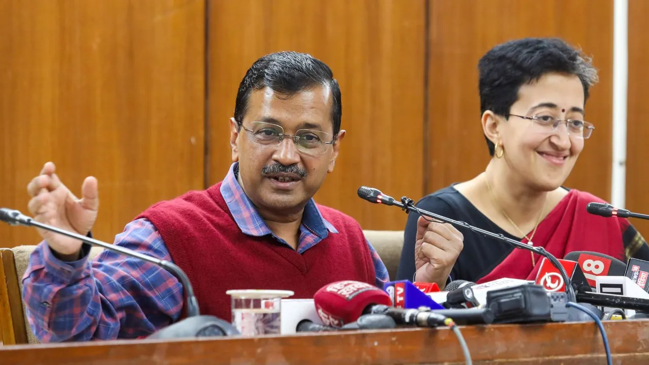 Delhi Chief Minister Arvind Kejriwal with Delhi Finance Minister Atishi Singh addresses a press conference