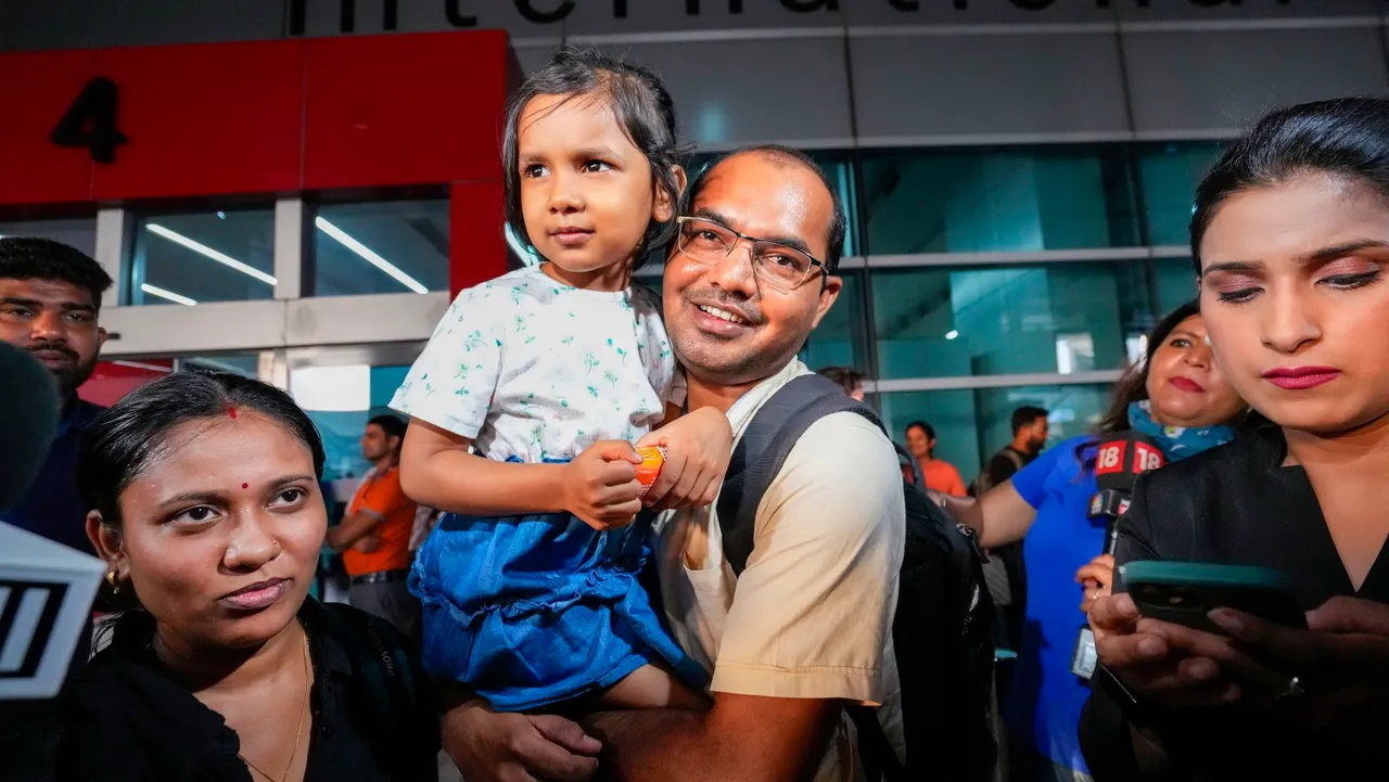Indian nationals evacuated from Israel under Operation Ajay arrive at Indira Gandhi International airport, in New Delhi